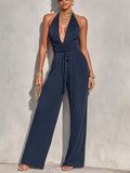 Chic Elegant Navy Blue Cotton Blend Halter V-Neck Sleeveless Pleats Detail Top Drawstring-Waist Wide-Leg Pants Rib Two-Piece Set