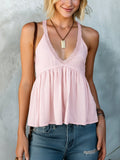 Chic Elegant Pink Cotton-Linen Blend Lace Trim Deep V-Neck Sleeveless Pleats Detail Tank Top
