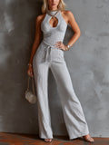 Chic Elegant Light Gray Round-Neck Cutout Detail Sleeveless Tie-Waist Slim-Fit Ribbed Knit Wide-Leg Jumpsuit
