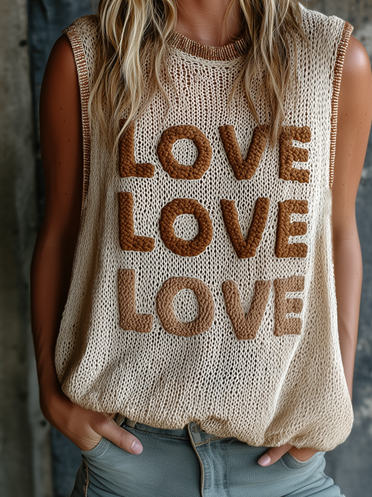 Chic Casual Beige Colorblock Chenille Embroidery Round-Neck Sleeveless Loose-Fit Knit Vest Top