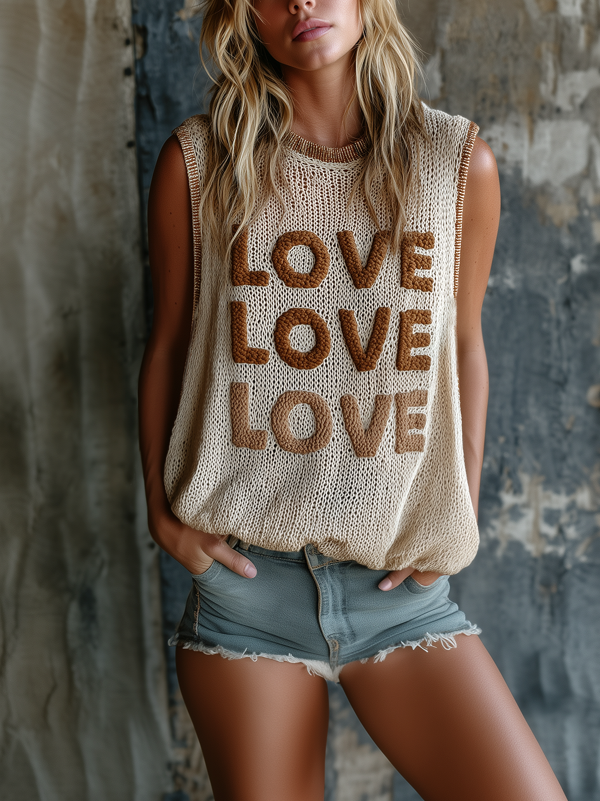 Chic Casual Beige Colorblock Chenille Embroidery Round-Neck Sleeveless Loose-Fit Knit Vest Top