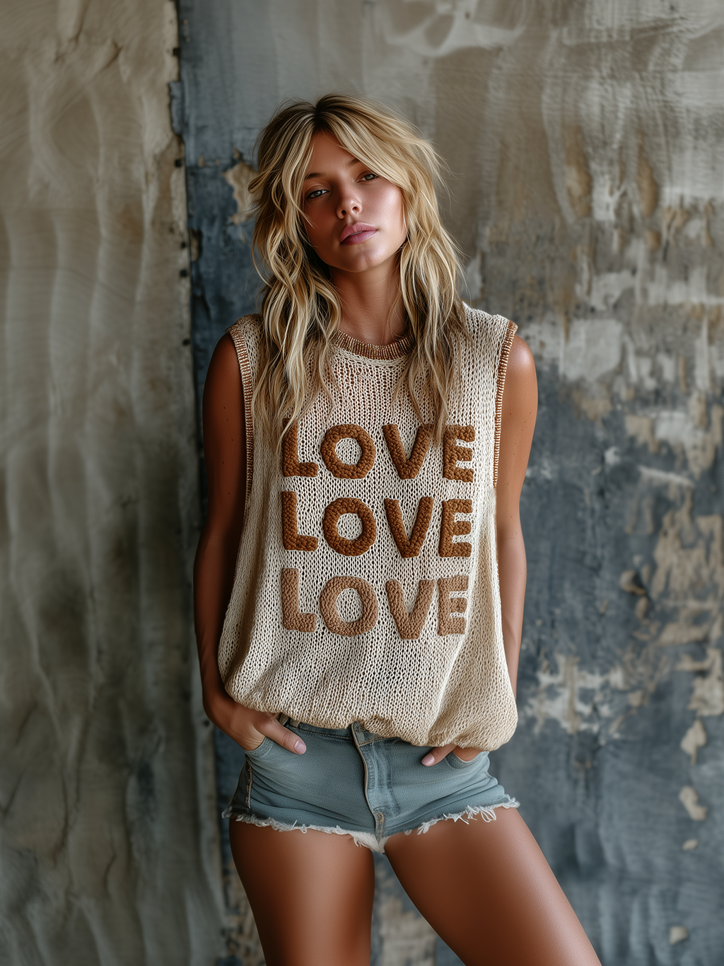 Chic Casual Beige Colorblock Chenille Embroidery Round-Neck Sleeveless Loose-Fit Knit Vest Top