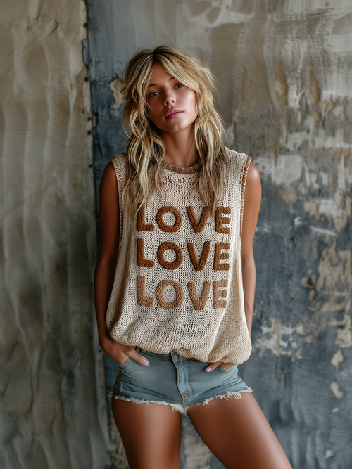 Chic Casual Beige Colorblock Chenille Embroidery Round-Neck Sleeveless Loose-Fit Knit Vest Top
