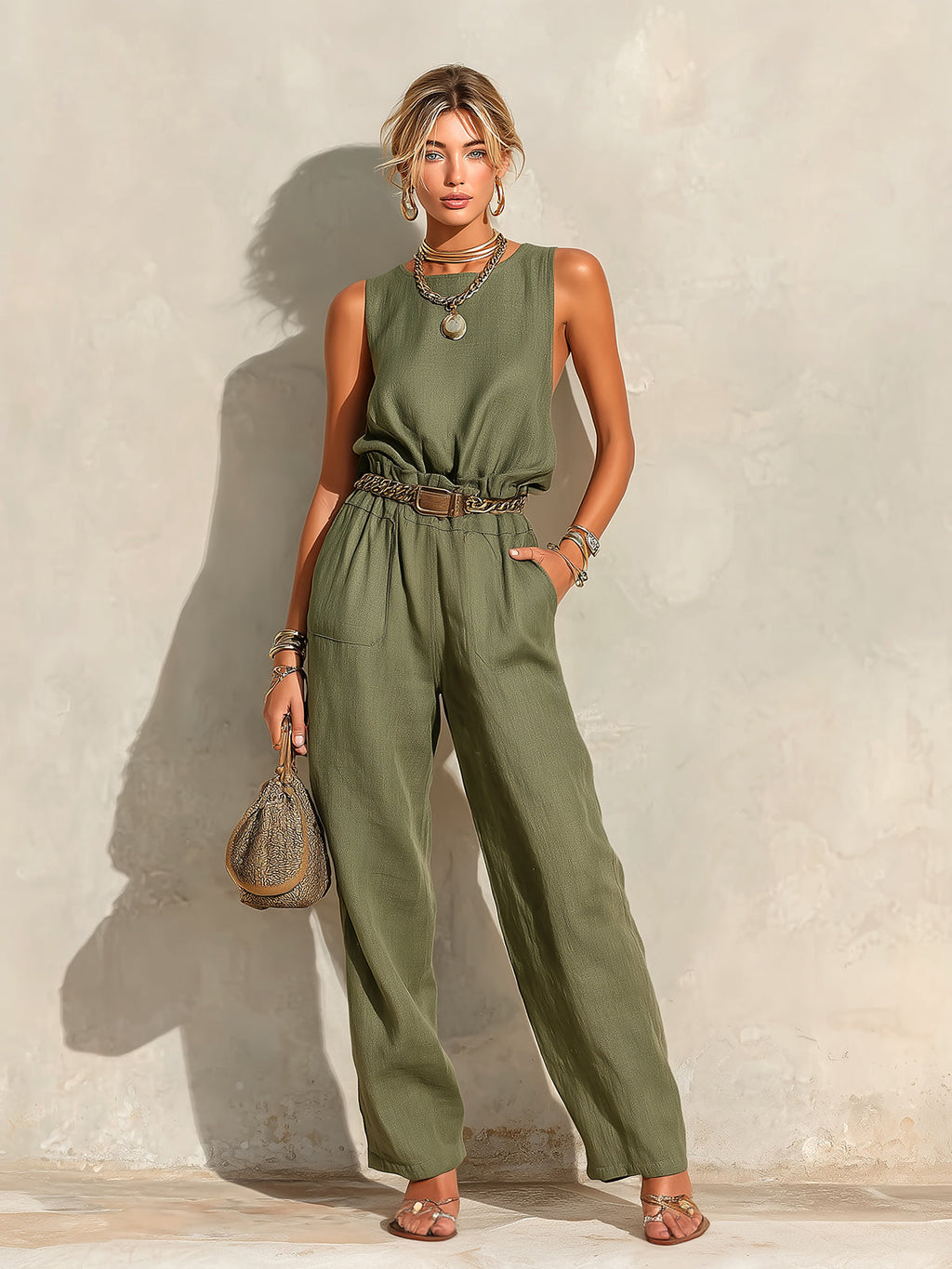 Chic Elegant Army Green Cotton-Linen Blend Round-Neck Sleeveless Belted Patch Pockets Loose-Fit Straight-Leg Jumpsuit