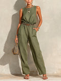 Chic Elegant Army Green Cotton-Linen Blend Round-Neck Sleeveless Belted Patch Pockets Loose-Fit Straight-Leg Jumpsuit
