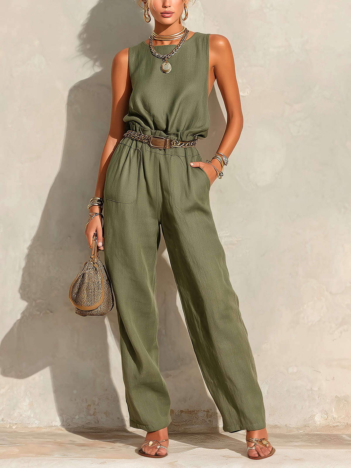 Chic Elegant Army Green Cotton-Linen Blend Round-Neck Sleeveless Belted Patch Pockets Loose-Fit Straight-Leg Jumpsuit