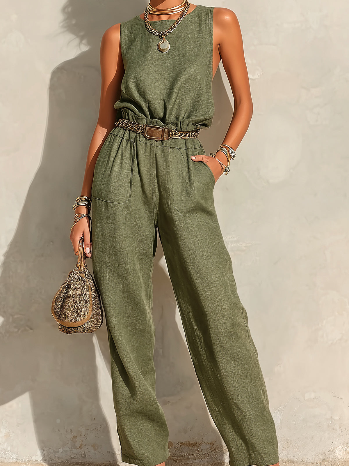 Chic Elegant Army Green Cotton-Linen Blend Round-Neck Sleeveless Belted Patch Pockets Loose-Fit Straight-Leg Jumpsuit