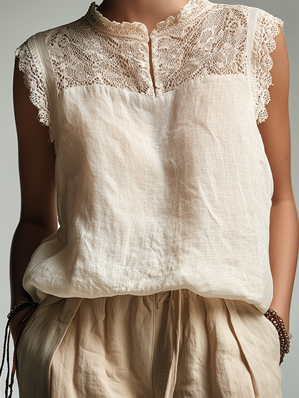 Chic Casual Beige Henley Neck Lace Yoke Sleeveless Loose-Fit Cotton-Linen Blend Vest Top