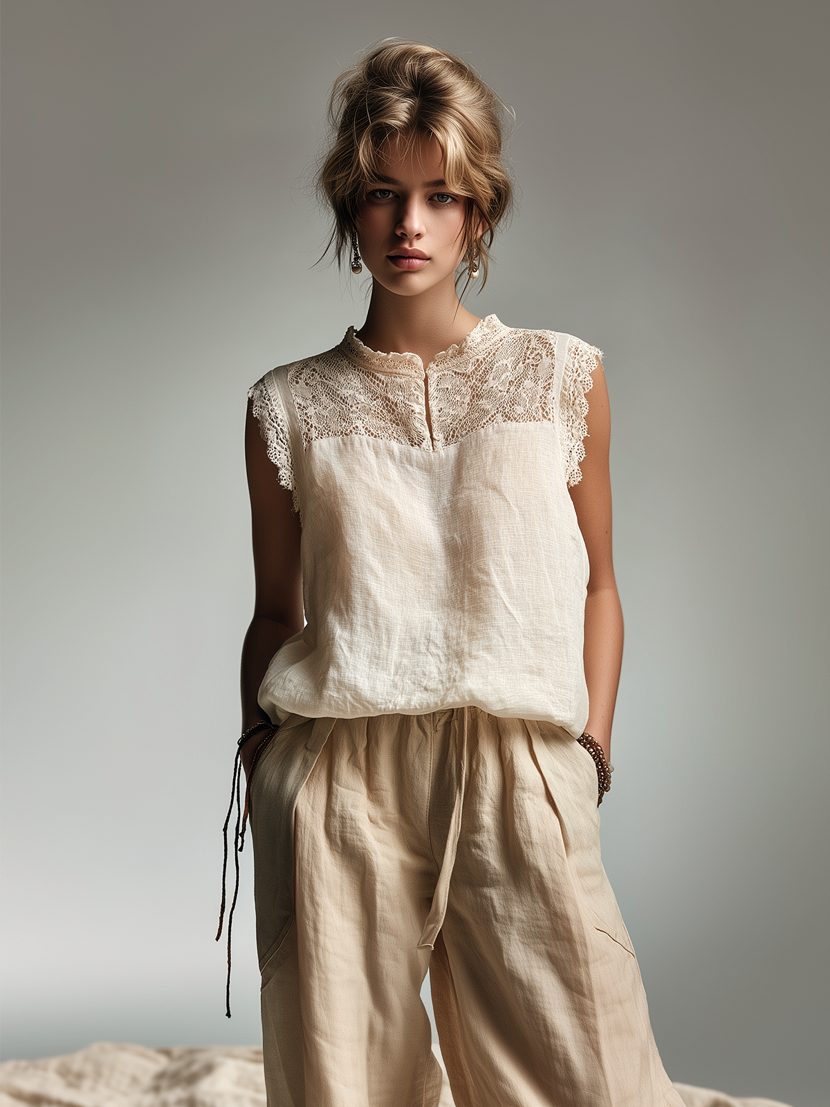 Chic Casual Beige Henley Neck Lace Yoke Sleeveless Loose-Fit Cotton-Linen Blend Vest Top
