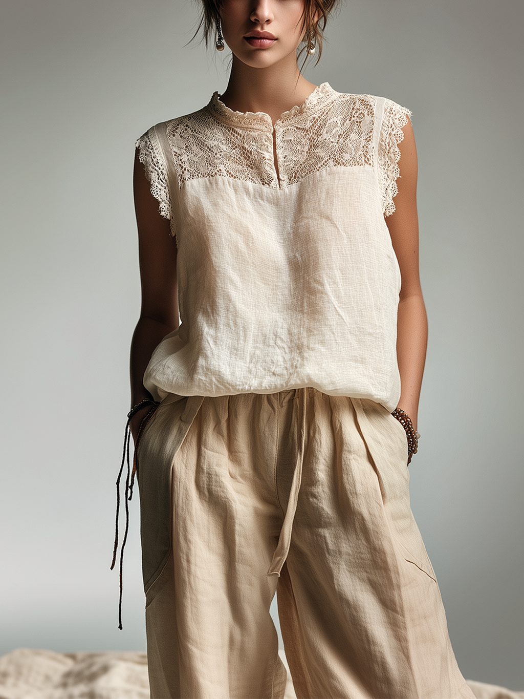 Chic Casual Beige Henley Neck Lace Yoke Sleeveless Loose-Fit Cotton-Linen Blend Vest Top