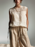 Chic Casual Beige Henley Neck Lace Yoke Sleeveless Loose-Fit Cotton-Linen Blend Vest Top