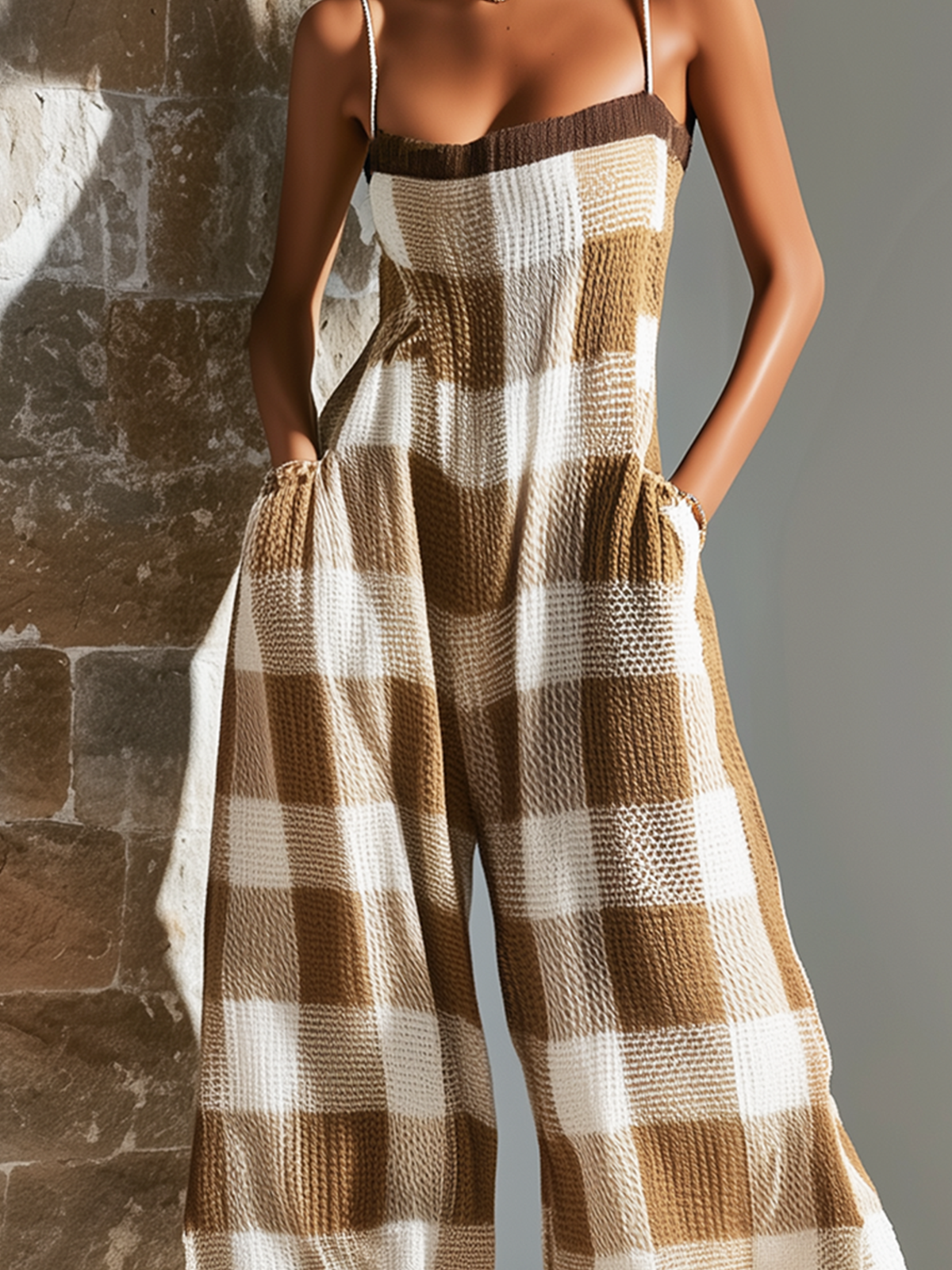 Chic Elegant Camel Spaghetti-Strap Square-Neck Plaid Jacquard Sleeveless Loose-Fit Wide-Leg Knit Jumpsuit