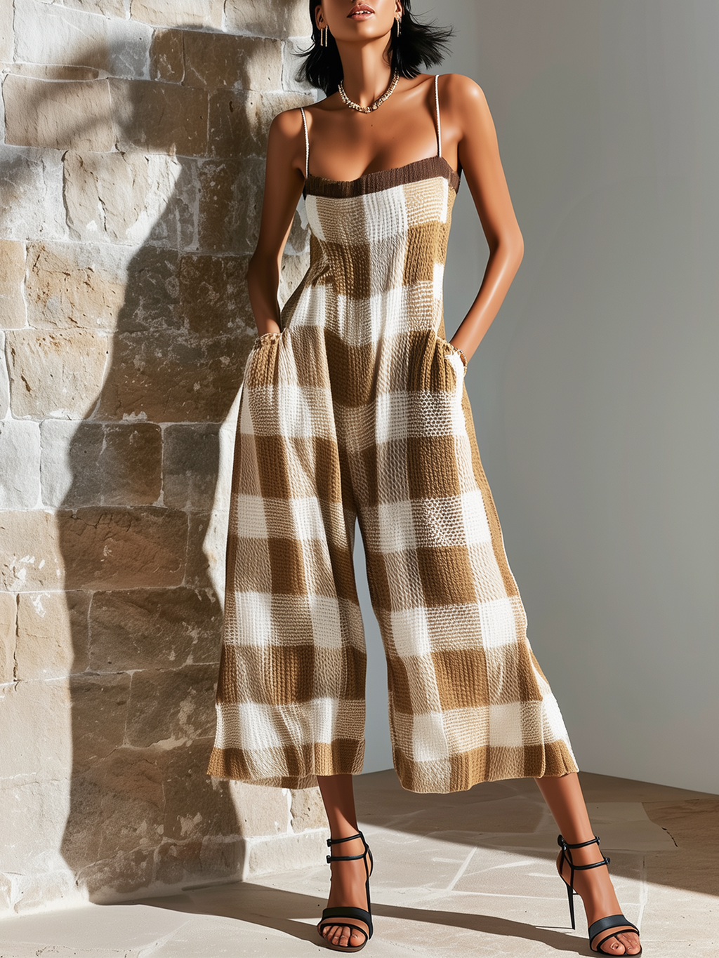 Chic Elegant Camel Spaghetti-Strap Square-Neck Plaid Jacquard Sleeveless Loose-Fit Wide-Leg Knit Jumpsuit