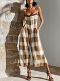 Chic Elegant Camel Spaghetti-Strap Square-Neck Plaid Jacquard Sleeveless Loose-Fit Wide-Leg Knit Jumpsuit