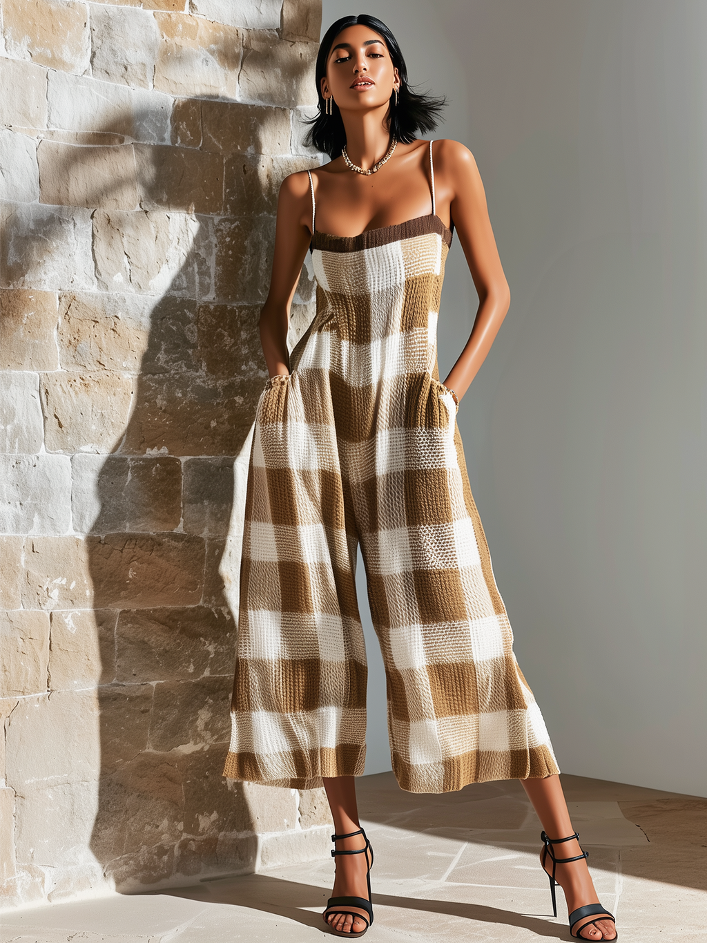 Chic Elegant Camel Spaghetti-Strap Square-Neck Plaid Jacquard Sleeveless Loose-Fit Wide-Leg Knit Jumpsuit