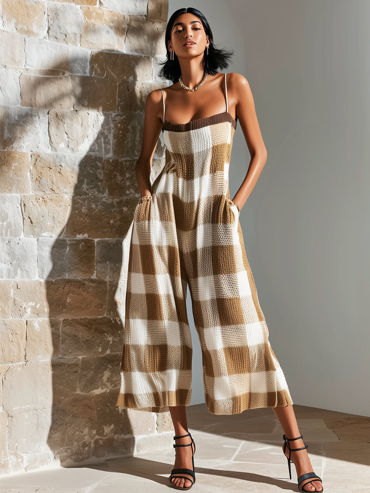 Chic Elegant Camel Spaghetti-Strap Square-Neck Plaid Jacquard Sleeveless Loose-Fit Wide-Leg Knit Jumpsuit