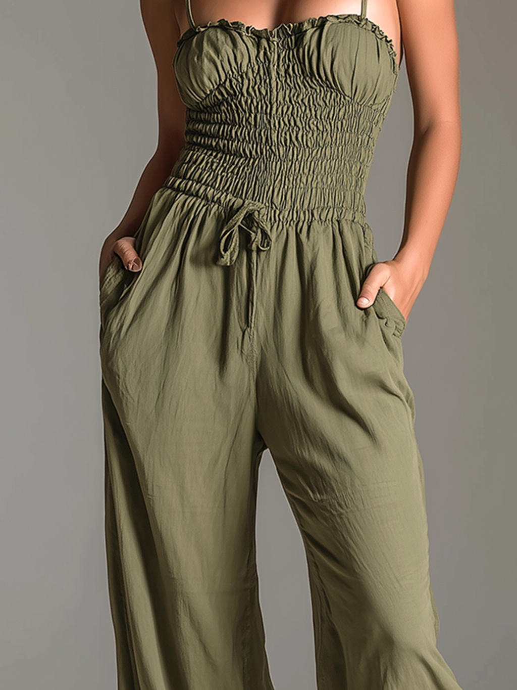 Chic Elegant Olive Green Spaghetti-Strap Ruffled Trim Sleeveless Smocked Elastic-Waist Cotton-Linen Blend Wide-Leg Jumpsuit