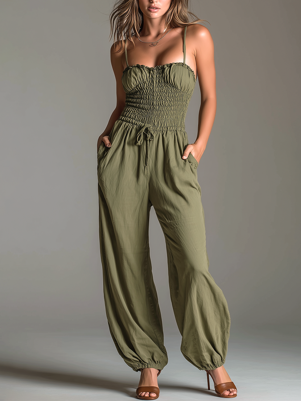 Chic Elegant Olive Green Spaghetti-Strap Ruffled Trim Sleeveless Smocked Elastic-Waist Cotton-Linen Blend Wide-Leg Jumpsuit