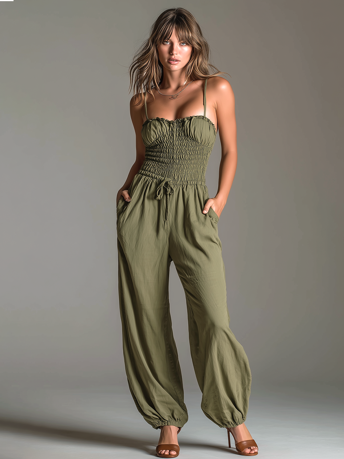 Chic Elegant Olive Green Spaghetti-Strap Ruffled Trim Sleeveless Smocked Elastic-Waist Cotton-Linen Blend Wide-Leg Jumpsuit