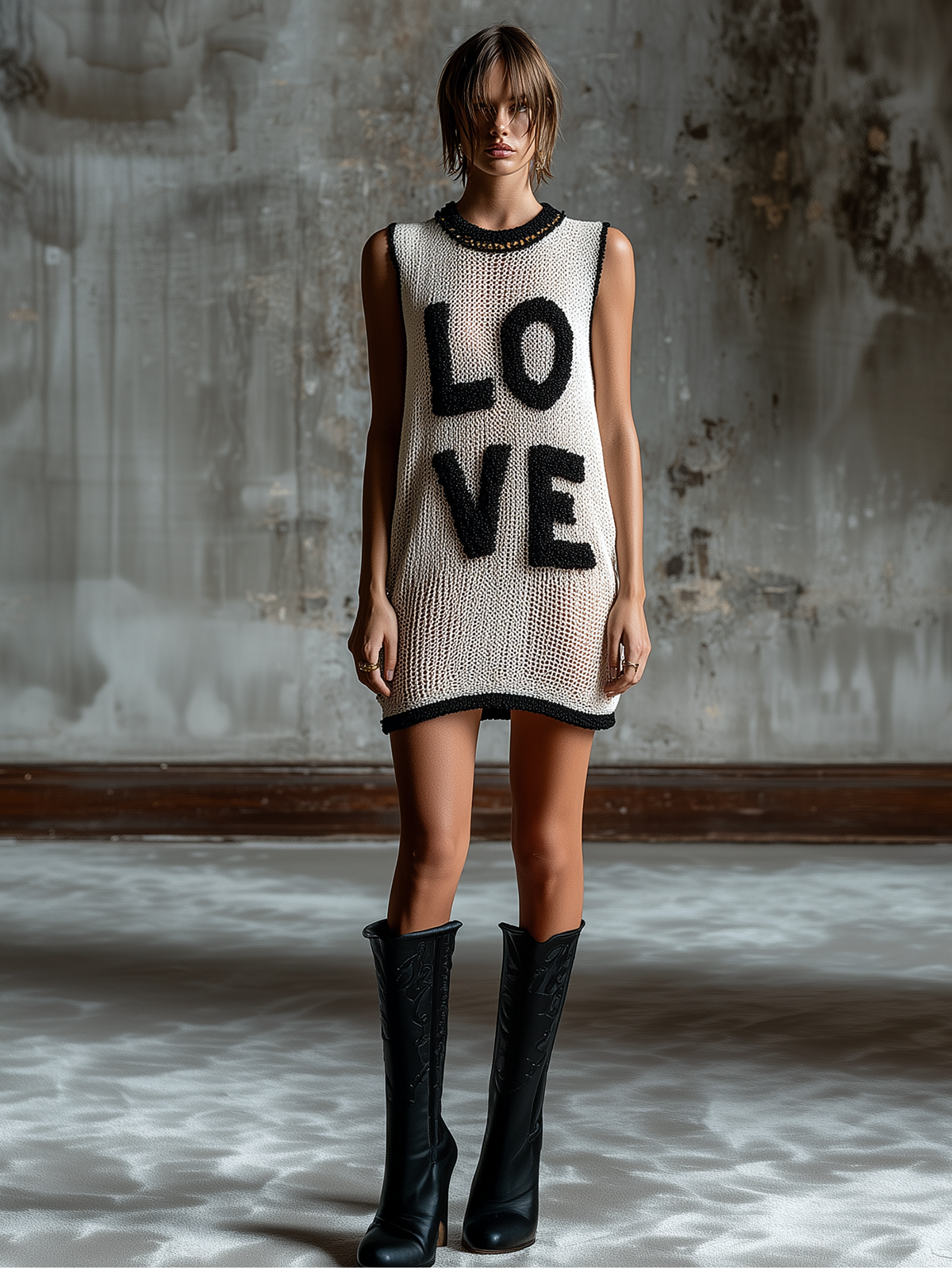 Chic Casual White-Black Colorblock Chenille Embroidery Round-Neck Sleeveless Loose-Fit Knit Mini Dress