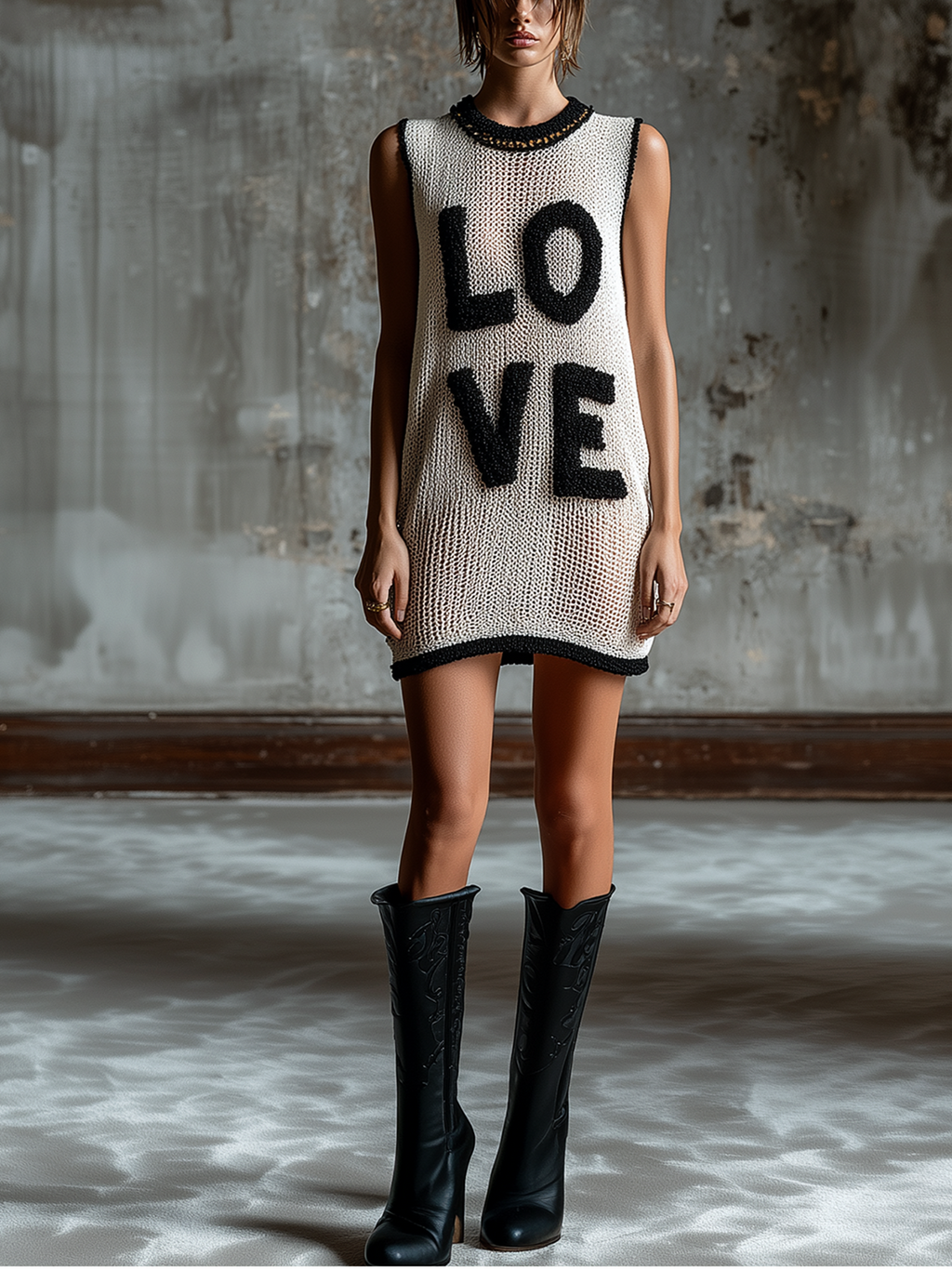 Chic Casual White-Black Colorblock Chenille Embroidery Round-Neck Sleeveless Loose-Fit Knit Mini Dress