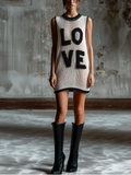 Chic Casual White-Black Colorblock Chenille Embroidery Round-Neck Sleeveless Loose-Fit Knit Mini Dress