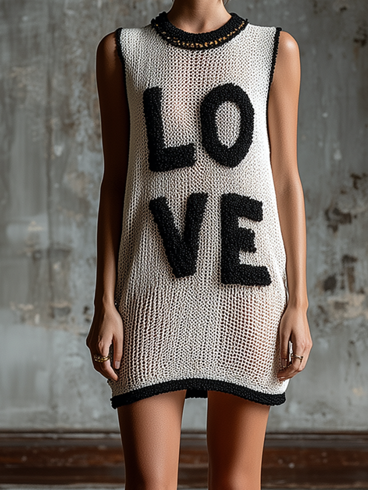 Chic Casual White-Black Colorblock Chenille Embroidery Round-Neck Sleeveless Loose-Fit Knit Mini Dress