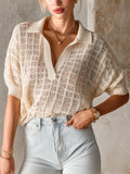 Chic Elegant Beige Lapel V-Neck Half-Sleeve Loose-Fit Breathable Hollow-Out Knit Polo Top