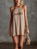 Chic Elegant Camel Halter-Neck Sleeveless Contrast Letter Jacquard A-Line Loose-Fit Knit Mini Dress