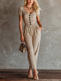Chic Elegant Camel Rib Cotton Blend V-Neck Short-Sleeve Button-Front Elastic-Waist Straight-Leg Jumpsuit