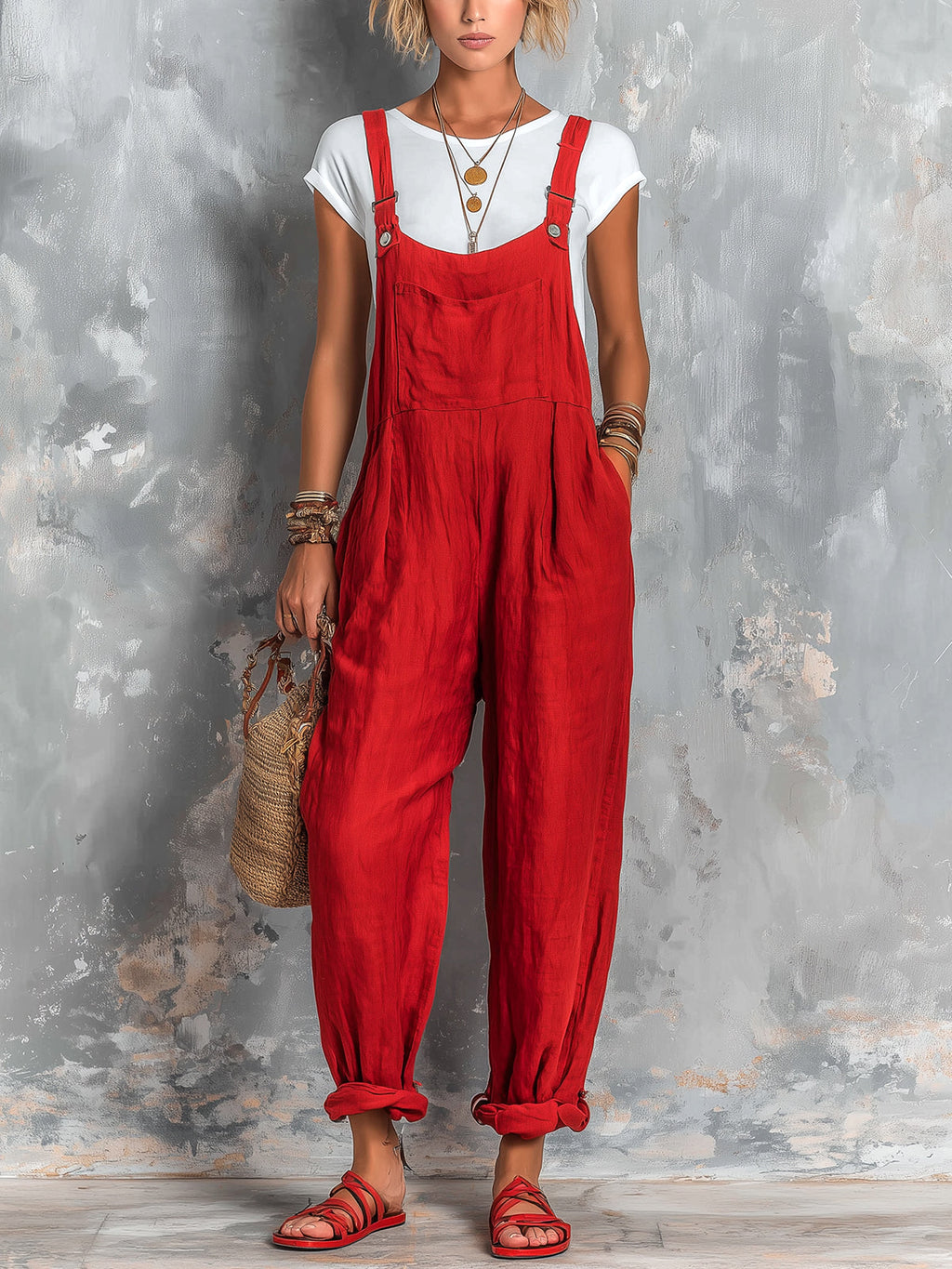 Chic Elegant Red Cotton-Linen Blend Square-Neck Sleeveless Patch Pocket Loose-Fit Jumpsuit