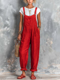 Chic Elegant Red Cotton-Linen Blend Square-Neck Sleeveless Patch Pocket Loose-Fit Jumpsuit