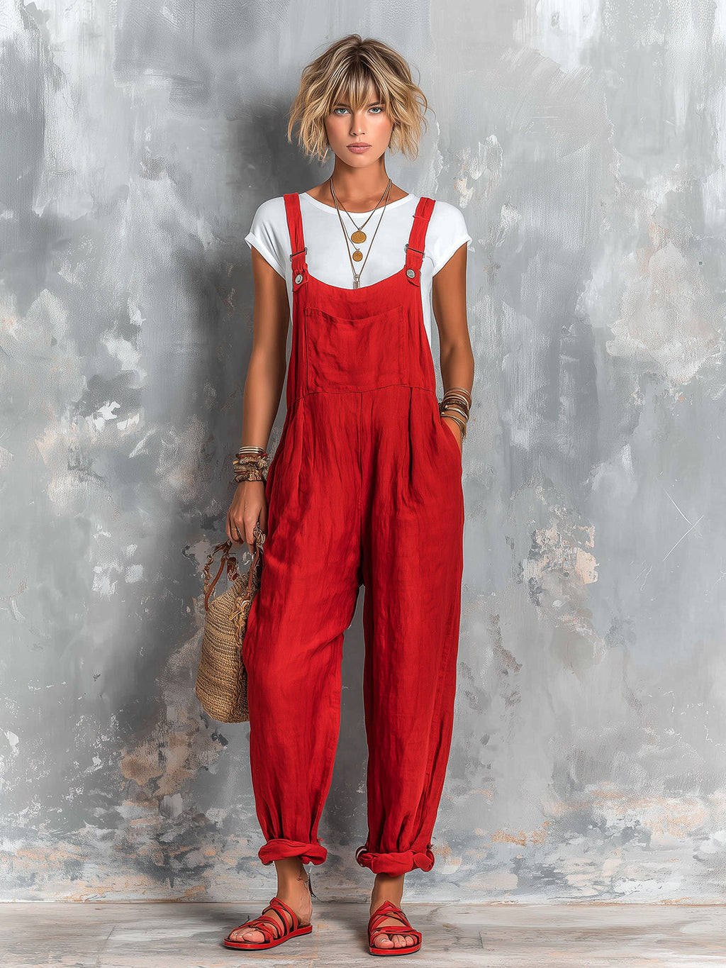 Chic Elegant Red Cotton-Linen Blend Square-Neck Sleeveless Patch Pocket Loose-Fit Jumpsuit