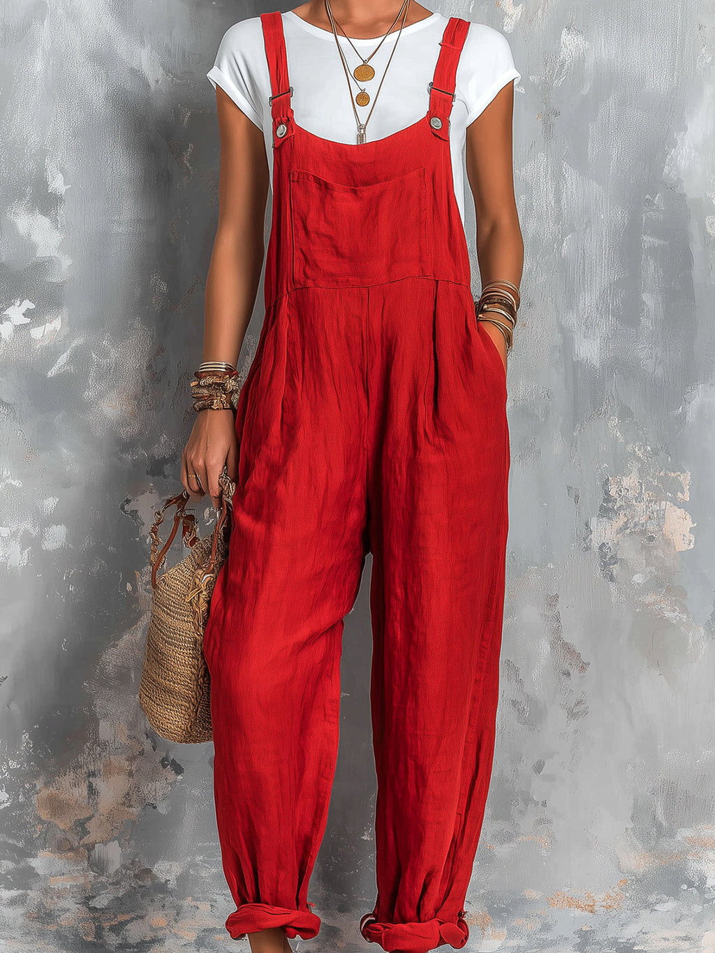 Chic Elegant Red Cotton-Linen Blend Square-Neck Sleeveless Patch Pocket Loose-Fit Jumpsuit