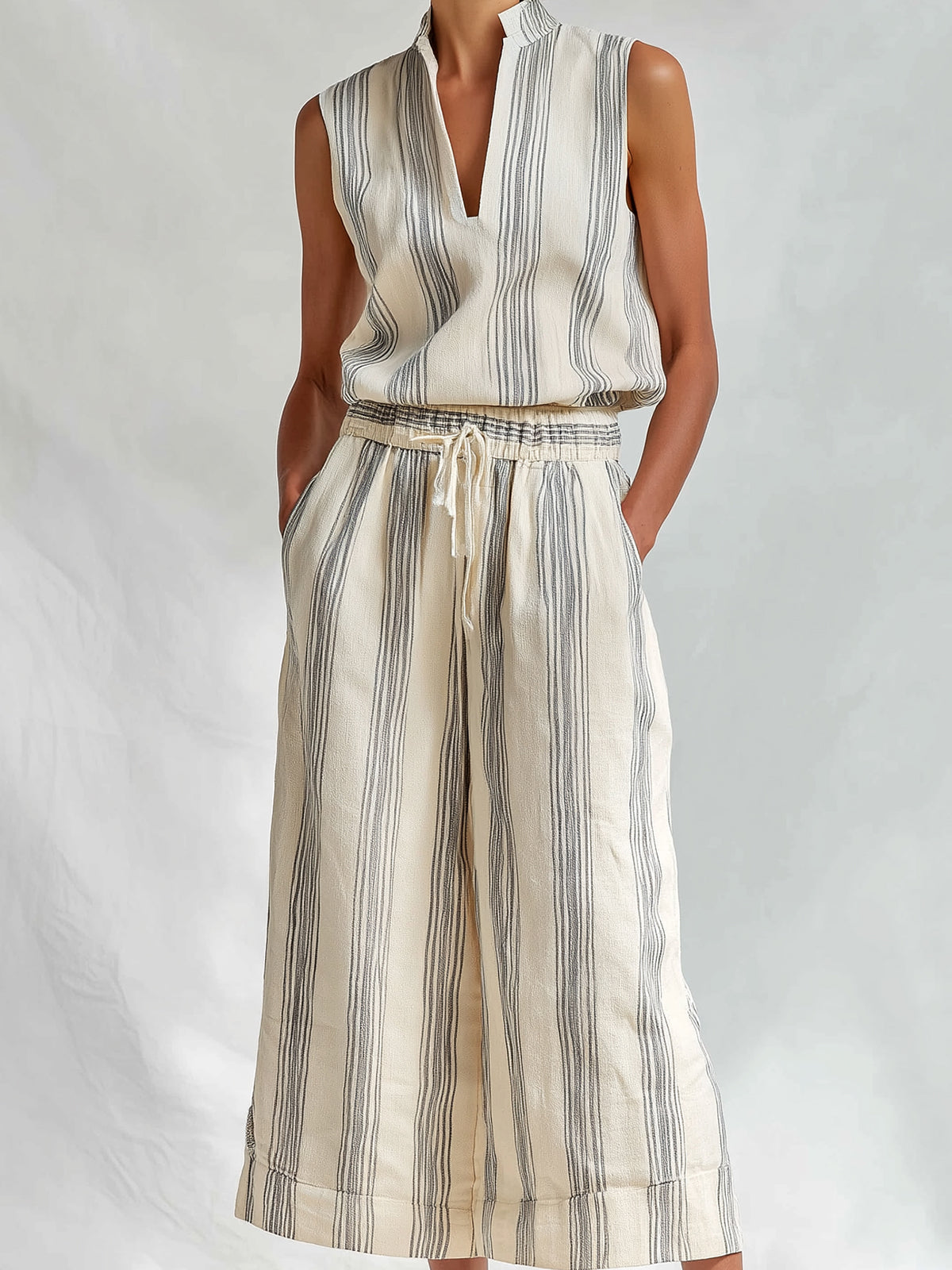 Chic Elegant Beige-Gray Stripes Cotton-Linen Blend Stand Collar V-Neck Sleeveless Vest Drawstring-Waist Wide-Leg Cropped Pants Two-Piece Set