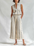 Chic Elegant Beige-Gray Stripes Cotton-Linen Blend Stand Collar V-Neck Sleeveless Vest Drawstring-Waist Wide-Leg Cropped Pants Two-Piece Set