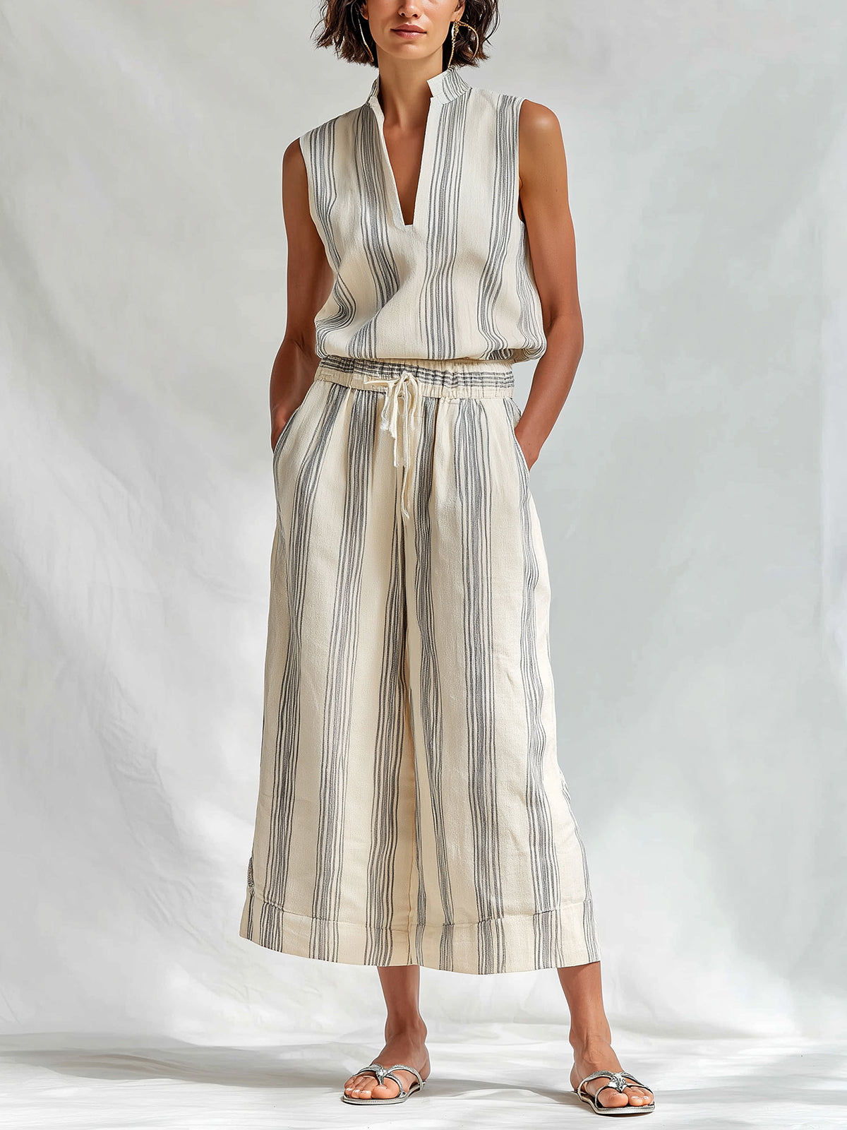 Chic Elegant Beige-Gray Stripes Cotton-Linen Blend Stand Collar V-Neck Sleeveless Vest Drawstring-Waist Wide-Leg Cropped Pants Two-Piece Set