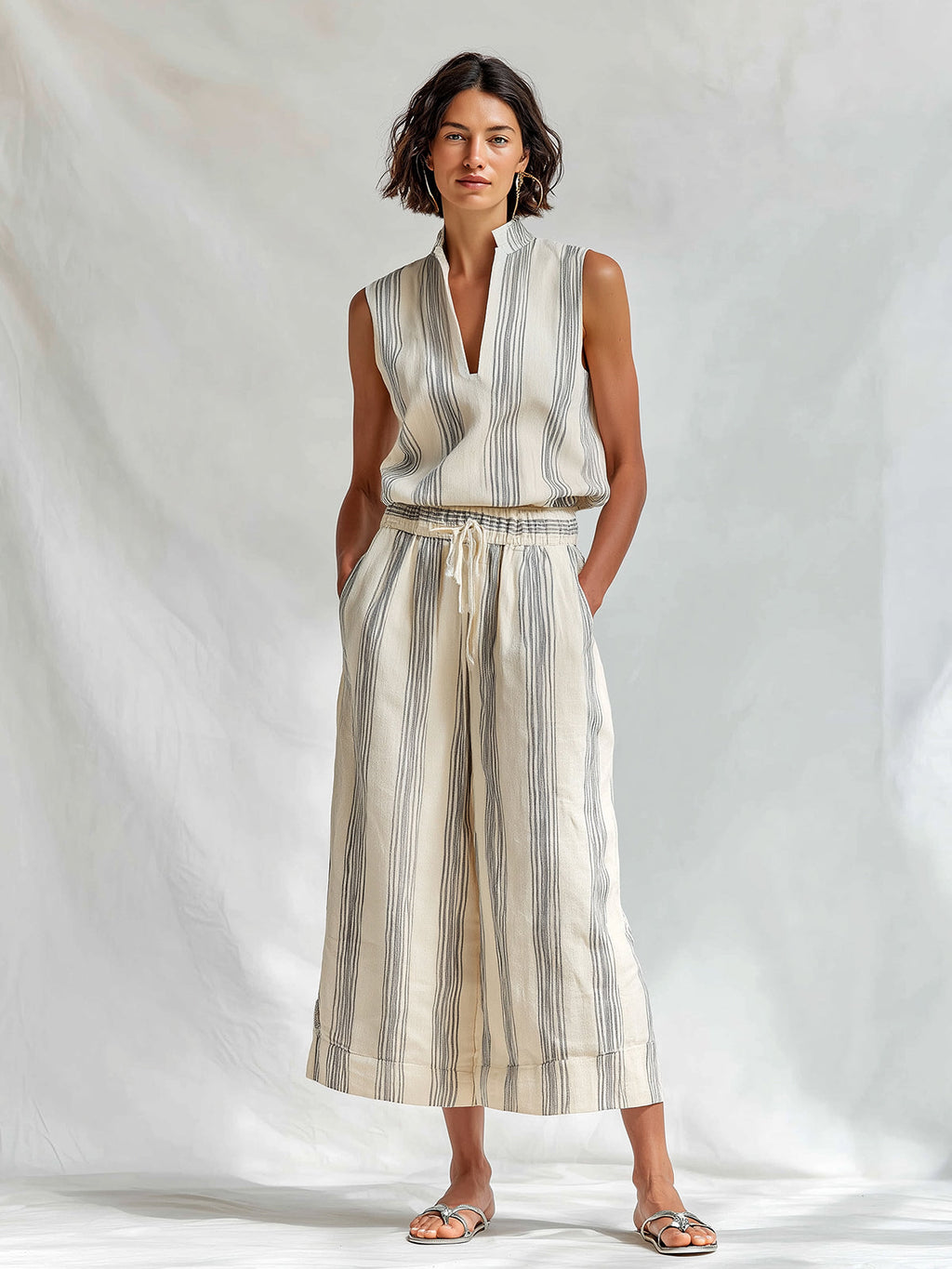 Chic Elegant Beige-Gray Stripes Cotton-Linen Blend Stand Collar V-Neck Sleeveless Vest Drawstring-Waist Wide-Leg Cropped Pants Two-Piece Set