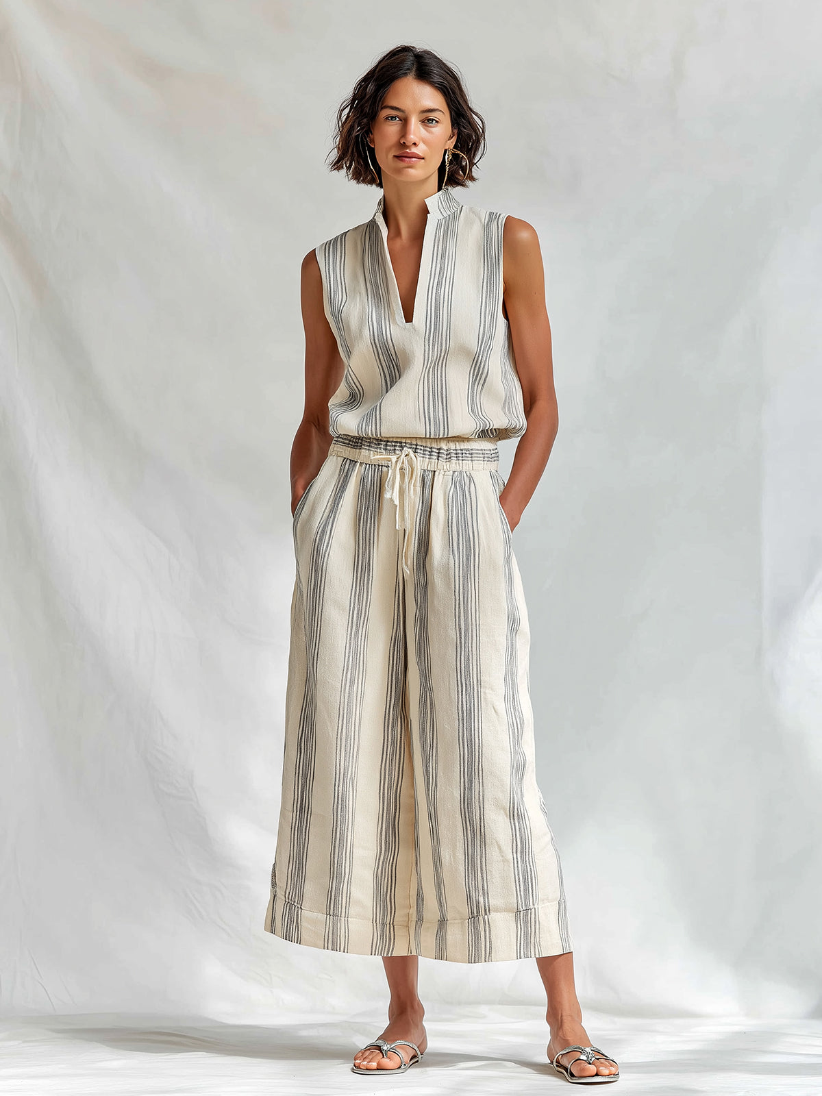 Chic Elegant Beige-Gray Stripes Cotton-Linen Blend Stand Collar V-Neck Sleeveless Vest Drawstring-Waist Wide-Leg Cropped Pants Two-Piece Set