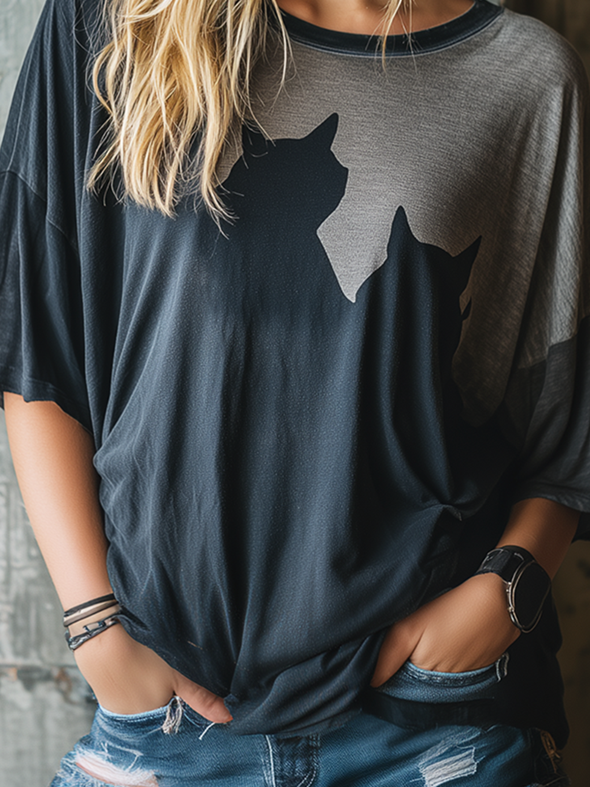 Chic Casual Washed Charcoal Round-Neck Cat Silhouette Print Short-Sleeve Oversize Cotton Blend T-Shirt Top