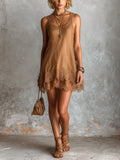 Chic Elegant Camel Cotton-Linen Blend U-Neck Sleeveless Lace Trim Detail Loose-Fit A-Line Mini Dress