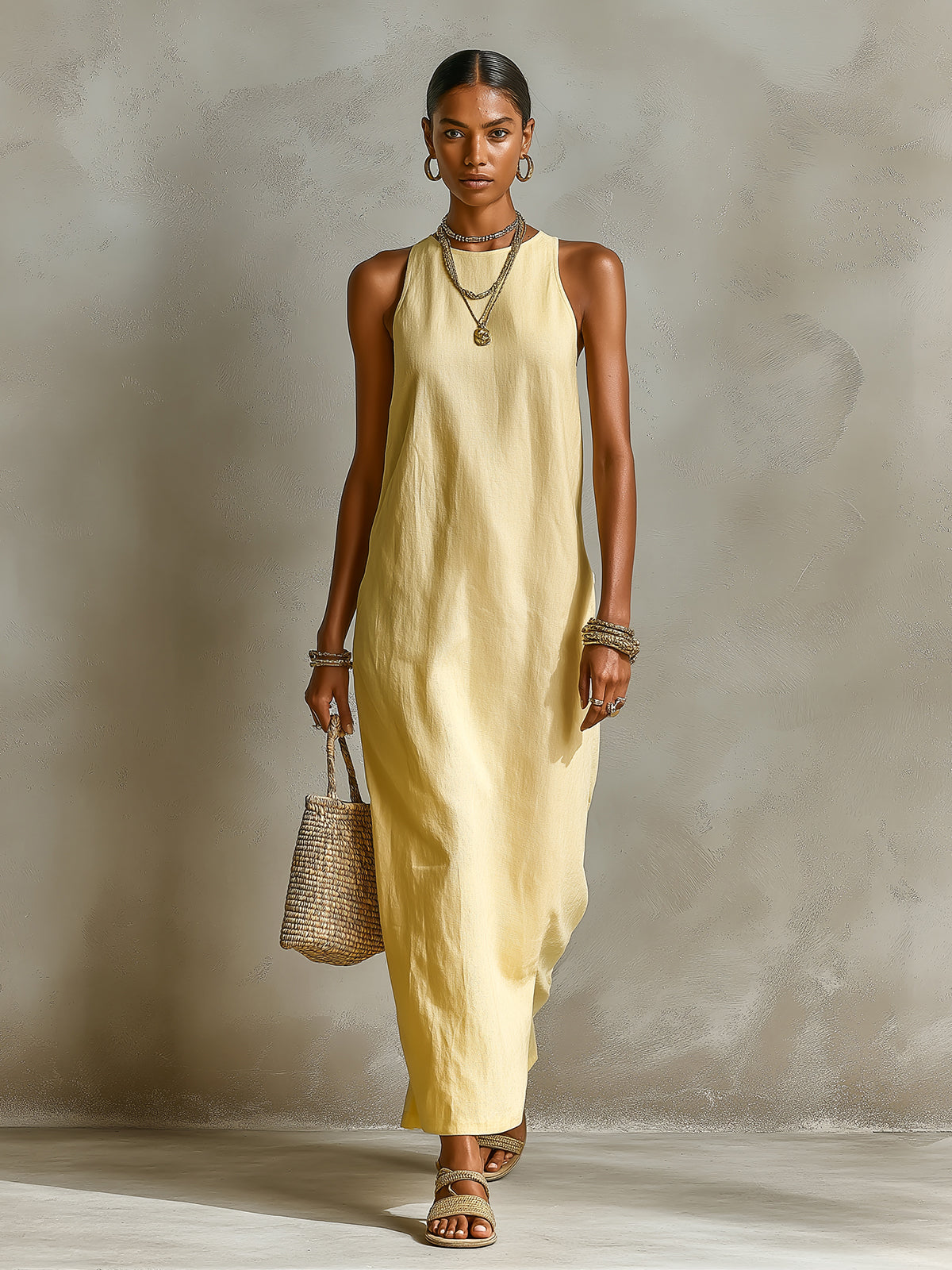 Chic Elegant Yellow Cotton-Linen Blend Round-Neck Sleeveless Loose-Fit Maxi Dress