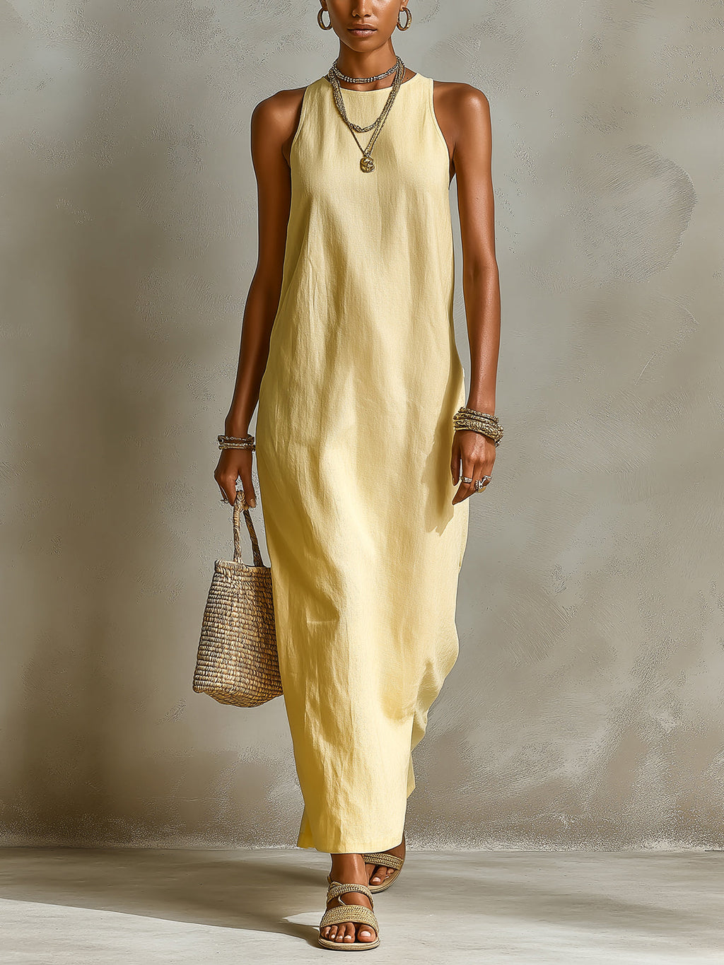 Chic Elegant Yellow Cotton-Linen Blend Round-Neck Sleeveless Loose-Fit Maxi Dress