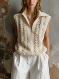 Chic Casual Off-White Lapel Collar V-Neck Sleeveless Loose-Fit Hollow-Out Knit Vest Top