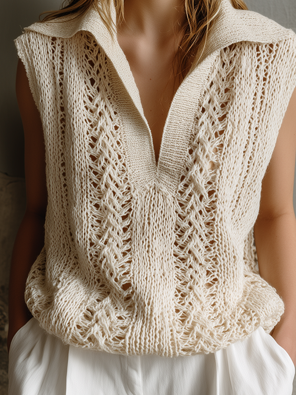 Chic Casual Off-White Lapel Collar V-Neck Sleeveless Loose-Fit Hollow-Out Knit Vest Top