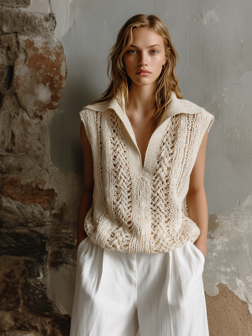 Chic Casual Off-White Lapel Collar V-Neck Sleeveless Loose-Fit Hollow-Out Knit Vest Top