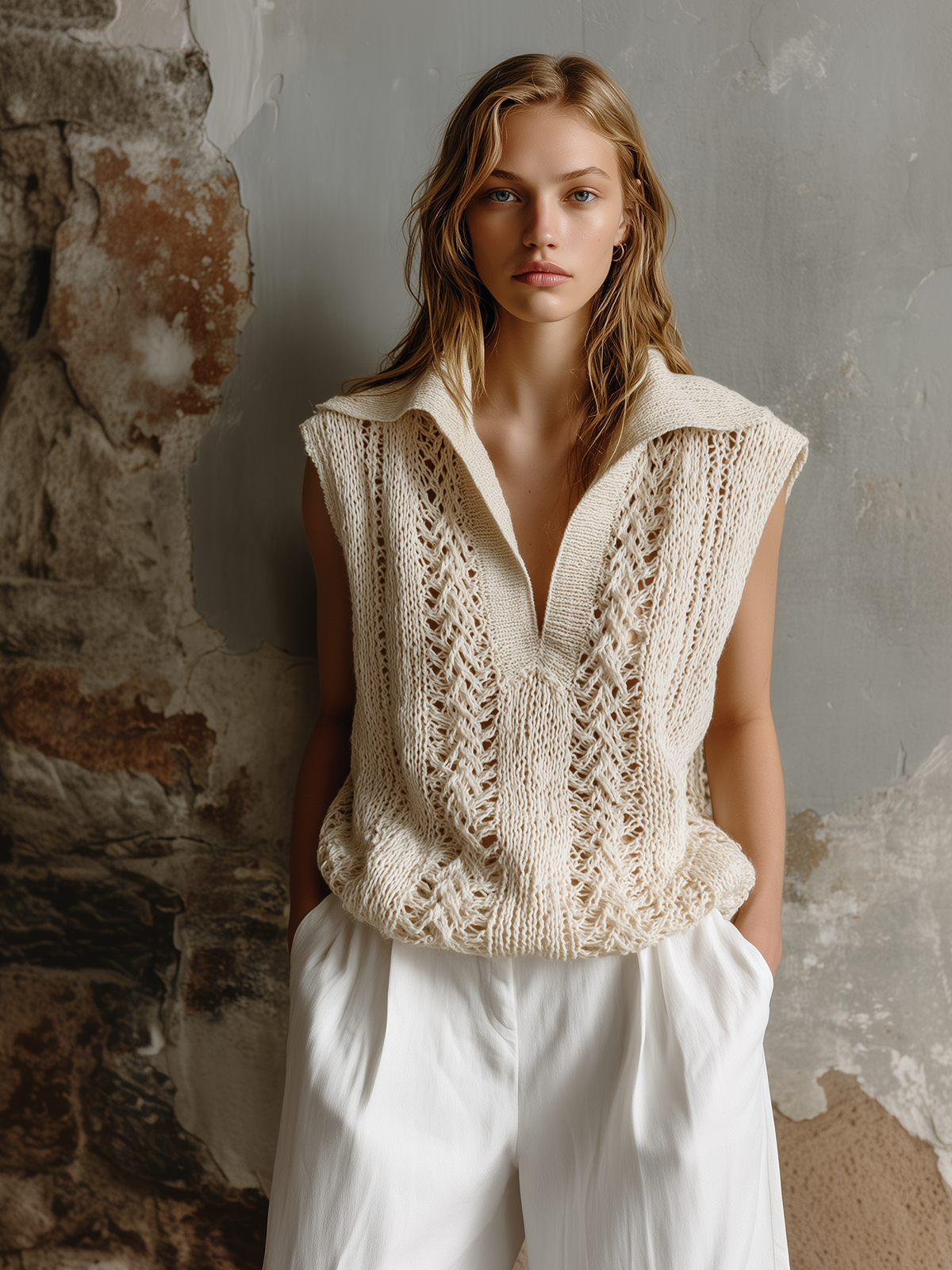 Chic Casual Off-White Lapel Collar V-Neck Sleeveless Loose-Fit Hollow-Out Knit Vest Top