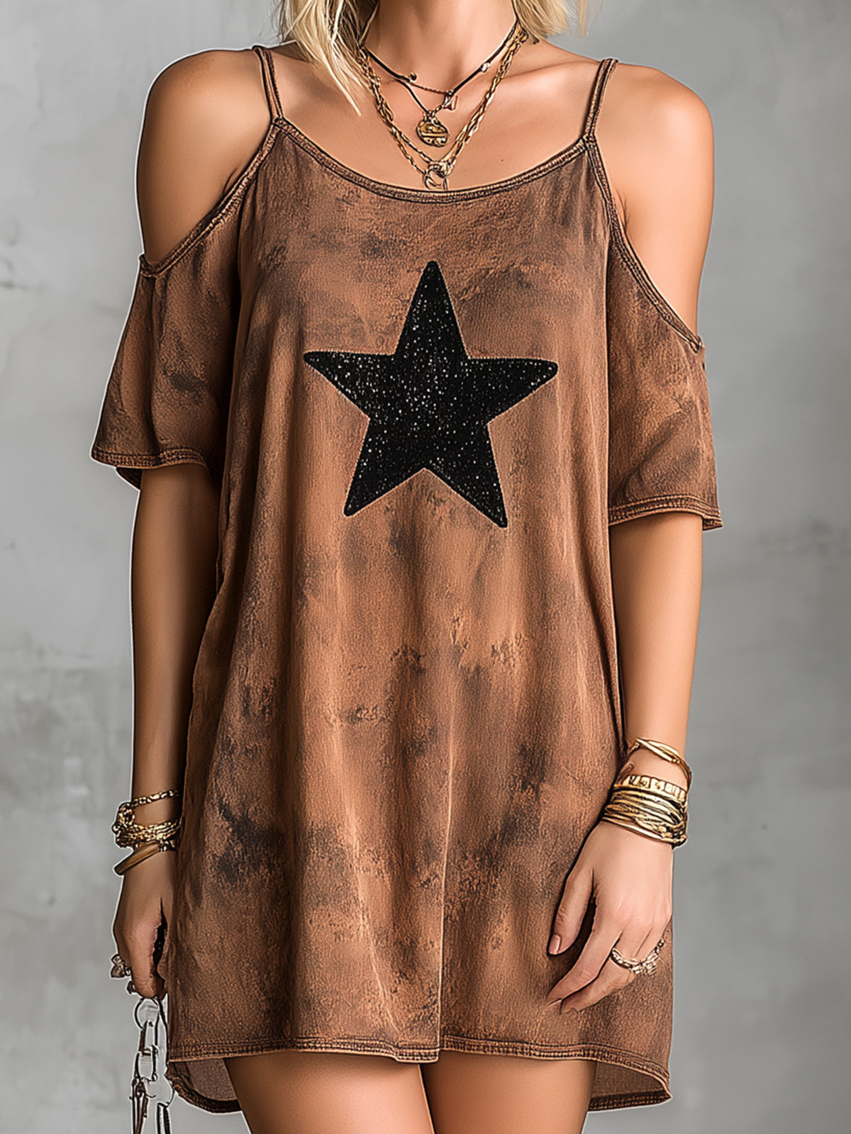 Chic Casual Brown Distressed Cotton Blend Round-Neck Short-Sleeve Shoulder Cutout Star Patch Loose Fit Mini Dress