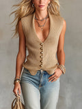 Chic Elegant Camel Deep V-Neck Sleeveless Single-Breasted Slim-Fit Ribbed Knit Vest Top