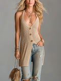 Chic Elegant Camel Halter V-Neck Sleeveless Single-Breasted Slim-Fit Ribbed Knit Vest Top